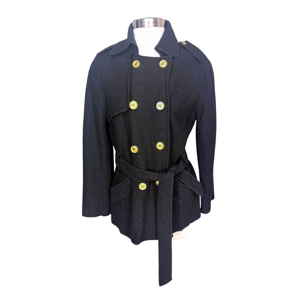 Sandro Black Wool Military Jacket Gold Button Belted Double Breasted Tailored